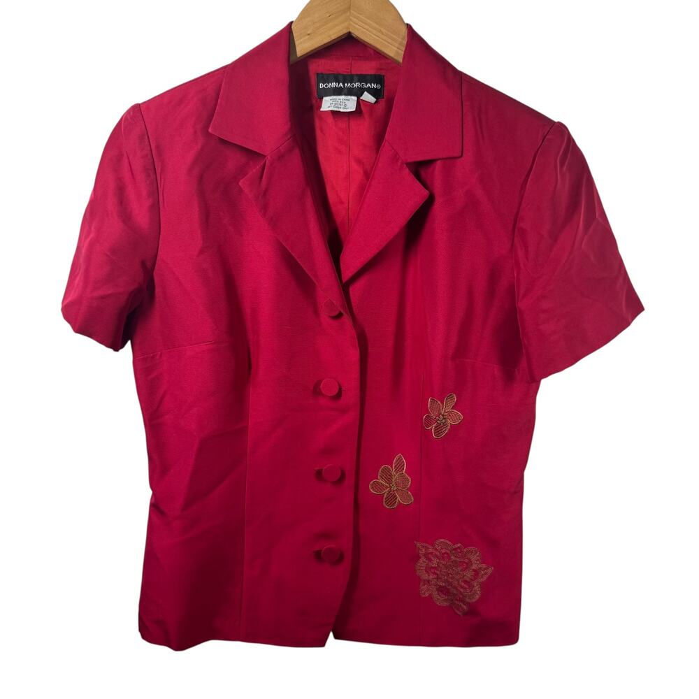 Donna Morgan Top‎ Women 6 Red Embroidery Floral Button Up 100% Silk 90s Y2K Vtg